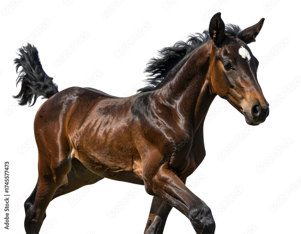 Fototapeta premium Playful Andalusian Foal Trotting Forward, Dynamic Pose, Isolated Cutout