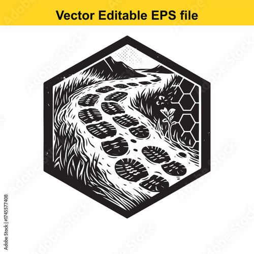 Vector art of footprints on a winding path in a hexagonal frame