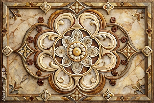Intricate baroque floral medallion with ornate scrollwork and marble background