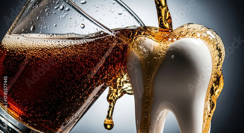 Tooth is being eroded by cola pouring from glass, illustrating the damaging effects sugary drinks on dental enamel and oral health
