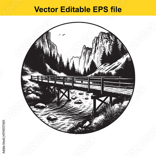 Vector art of wooden bridge over a stream in a mountainous landscape, vector art