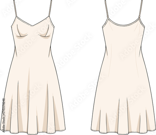 Fashion technical illustration, sleeveless summer dress, spaghetti strap clothing, fitted bodice, flared skirt, front and back view, sewing pattern, apparel design vector