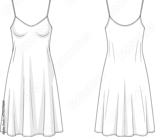 Fashion technical illustration, sleeveless dress design, spaghetti strap garment, fitted bodice, flared skirt, sewing pattern, apparel construction, vector drawing
