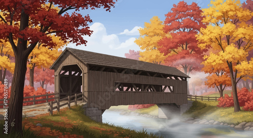 Rustic Wooden Covered Bridge Spanning a Serene Stream.
