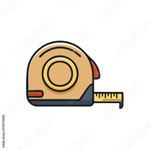 A tape measure tool with its tape extended, ready for use. The tool is drawn in a flat design style, which creates a simple, illustrative feel