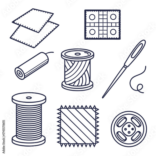 Illustration of sewing kit items including fabric spools needle button and patchwork squares neatly arranged