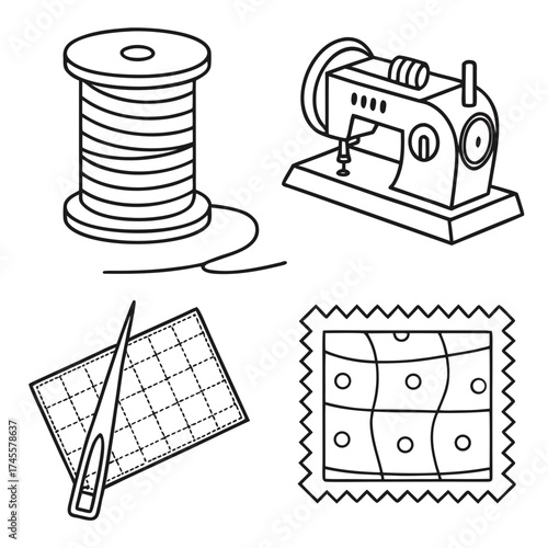 Illustration of sewing machine, thread spool, needle and fabric samples in black and white outline style