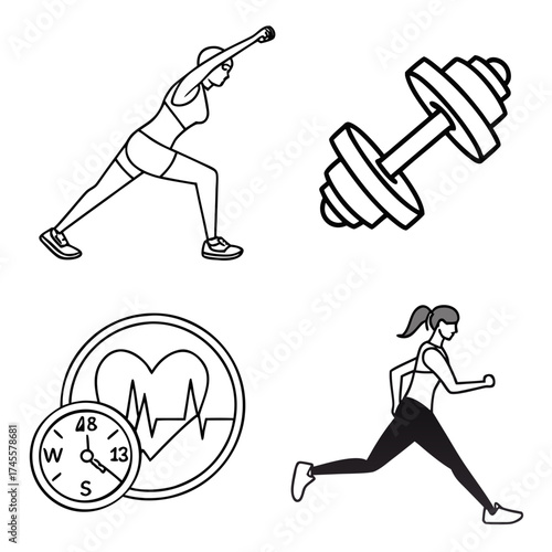 Illustration showing woman stretching, dumbbell, heart rate monitor, and woman running in black and white