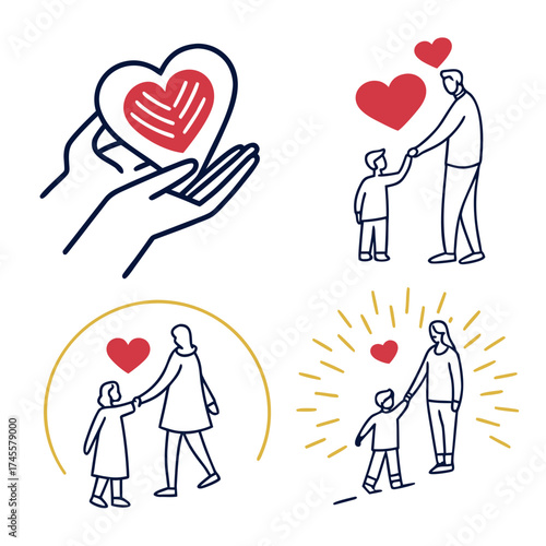 Illustrations depicting love and care with hearts and parent child relationships in four panels