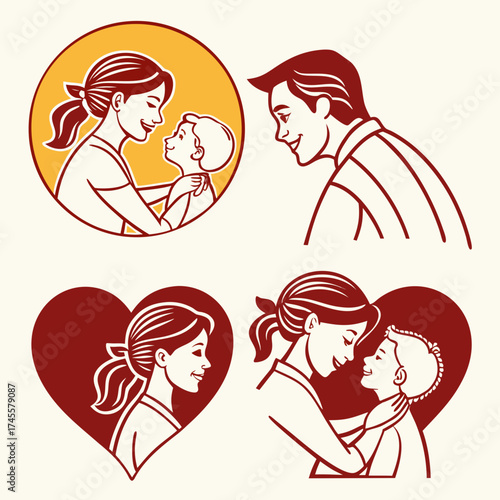 Illustration of family members including mothers with children and a father in a loving style