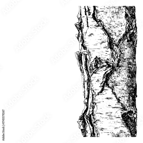 Detailed birch tree bark texture illustration in black and white for graphic design and nature studies use