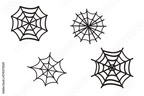 Set of spider webs in flat style, simple clean lines, geometric shapes, different sizes and shapes, minimalist design, placed on a white background, vector illustration