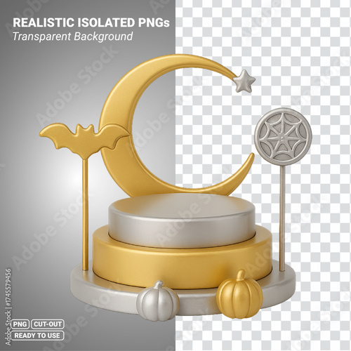 Gold And Silver Halloween Podium With Crescent Moon Bat And Pumpkins 3D Icon Transparent PNG file ready to be used.