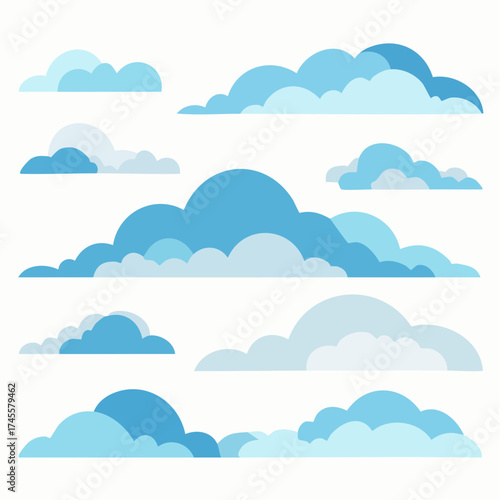 Diverse assortment of blue cloud shapes, representing different weather patterns, rendered in a modern flat design style for digital and print media applications