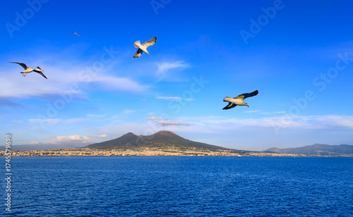 View of Mount Vesuvius with skyline of the Metropolitan City of Naples in southern Italy.