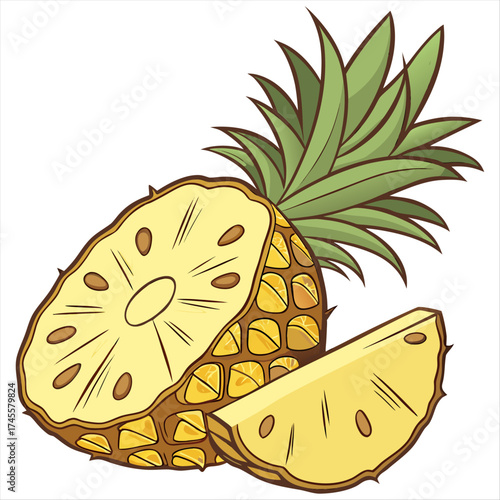 A vibrant, sun-kissed slice of pineapple, juicy and ready to tempt your taste buds, showcasing its golden-yellow flesh against a bright white background