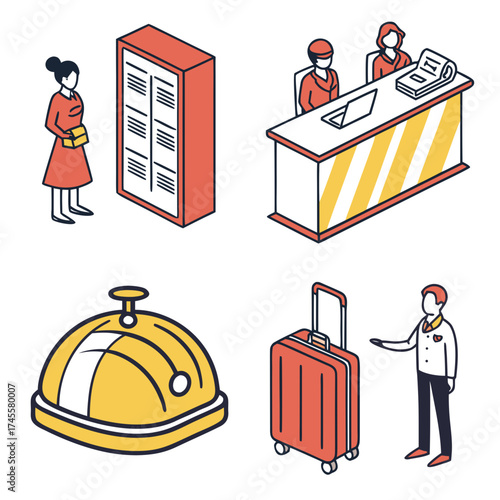 Isometric illustration of a hotel scene with reception luggage and guest interactions depicted clearly