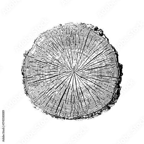 Black and white tree ring illustration showing growth rings for forestry and nature conservation design
