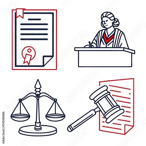 Illustration showing legal elements including a judge gavel scales and a document with a seal mark