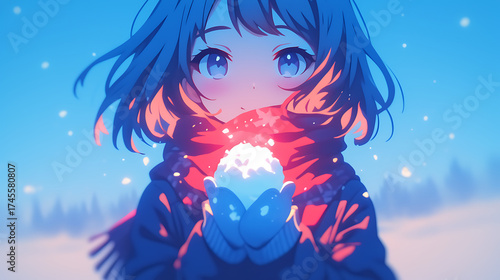 Anime girl holding snowball in winter