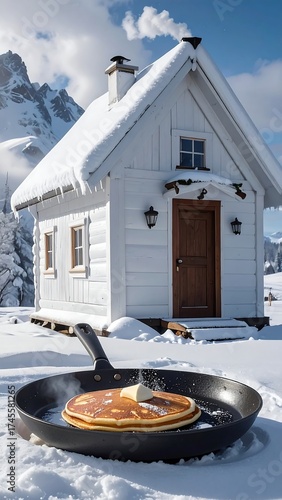 Snowy cabin with pancake in pan