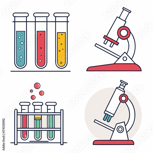 Illustration of laboratory equipment including test tubes with colored liquids and two microscopes on white background