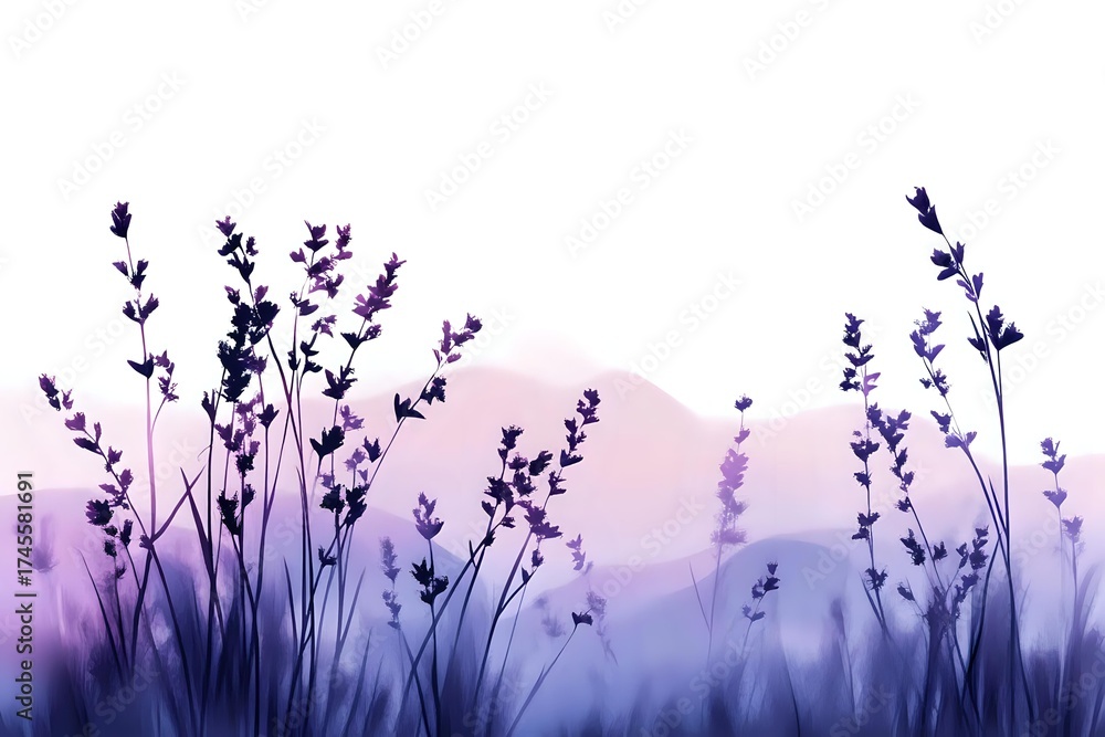 Obraz premium Silhouettes of lavender flowers against purple misty mountains background, creating dreamy atmospheric nature scene for wellness and spa designs.
