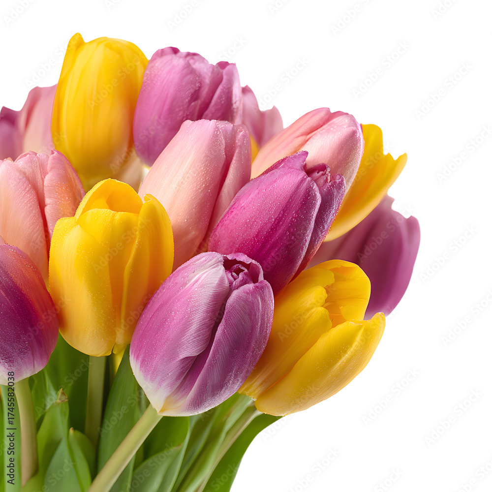 Fototapeta premium Elegant Pink and Yellow Tulips Floral Arrangement Isolated on White Background