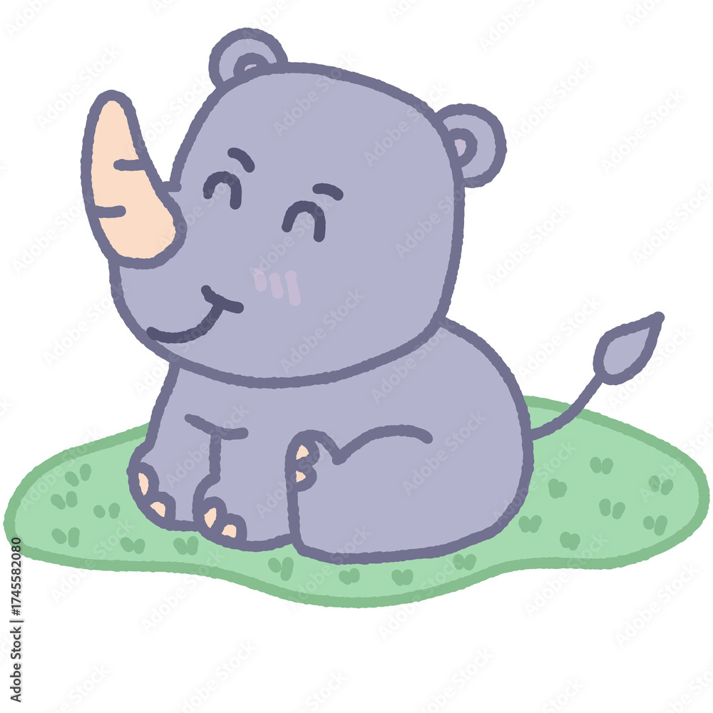Naklejka premium A cartoon rhino is sitting on the grass