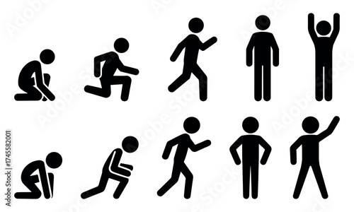 Stickman posture and motion vector set, minimal human body silhouette showing sitting, running, and stretching actions, perfect for infographic, health, education, and ergonomic design concepts