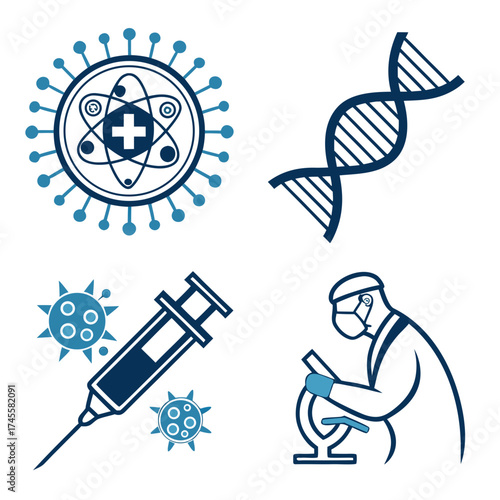 Illustration showing virus cell dna strand syringe and scientist with microscope in blue and white color