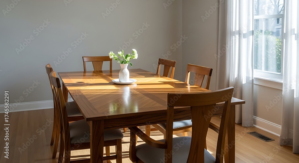 Fototapeta premium Sunlight streams into the dining room, illuminating a wooden table set for six.