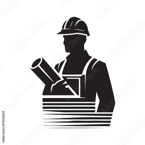 construction foreman with blueprint vector silhouette clip art logo design illustration