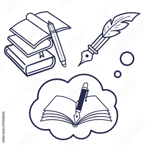 Illustration of books stacked with a pen a quill and a thought bubble with a book and pen inside it