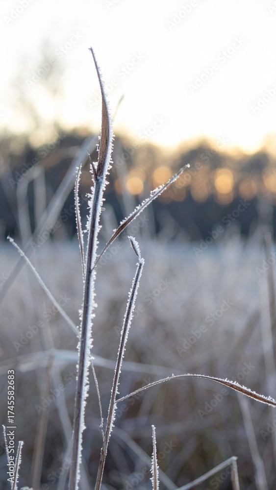 Obraz premium Frost rim on dry grass blades in open field under pale winter sunrise