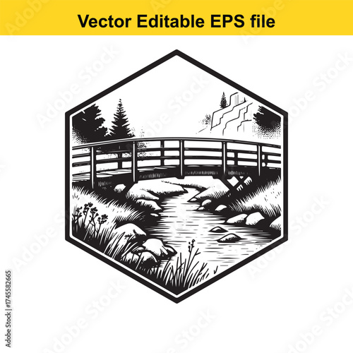 Vector art of bridge over a stream in a forest setting