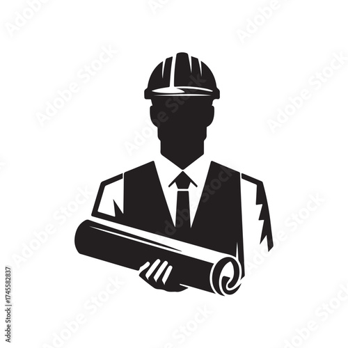 construction foreman with blueprint vector silhouette clip art logo design illustration