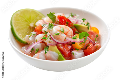 Fresh ceviche with fish, shrimp, lime, and colorful vegetables in a white bowl, traditional Latin American dish