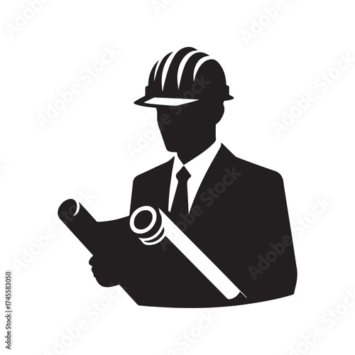 construction foreman with blueprint vector silhouette clip art logo design illustration