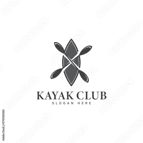 Kayak club emblem - canoe and two crossed paddles, kayak label vector template
