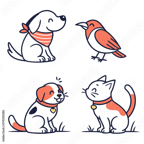 Illustration of a dog with a bandana, a bird, another dog with a heart, and a cat with a collar