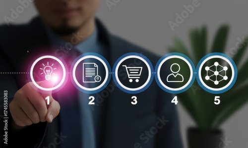 Business Process: A business professional interacts with an innovative digital interface, showcasing the steps involved in a project.