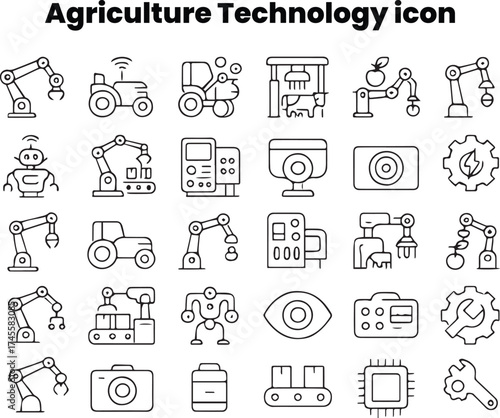 Vector outline set featuring autonomous tractors, drones, and IoT monitoring systems for farms.