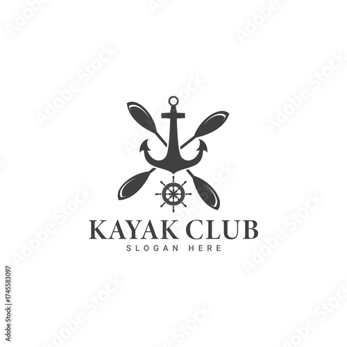 Kayak club emblem - canoe and two crossed paddles, kayak label vector template
