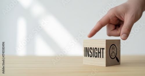 Grasping Insight: A hand delicately points toward a wooden cube inscribed with the word 'INSIGHT,' symbolizing a moment of understanding and focused analysis.