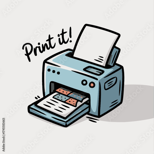 Vector art of cute cartoon illustration of a light blue printer with the text print it above it, showing paper coming out of the tray and a sheet being fed into the top
