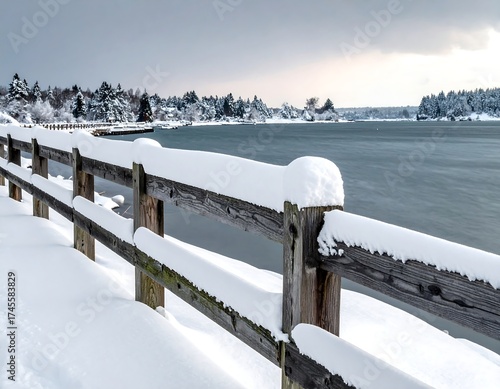 Snowy fence by a lake in winter
