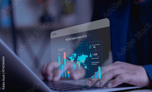 HR manager using recruitment analytics dashboard on a virtual screen to optimize talent acquisition. Concept of data-driven hiring, HR technology, and cost per hire analysis for business.