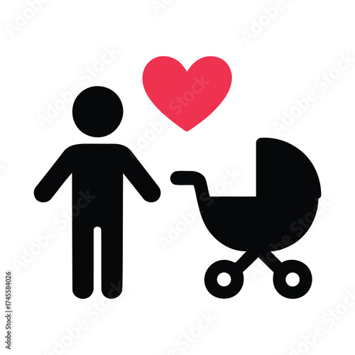 Loving parent with baby stroller and heart icon