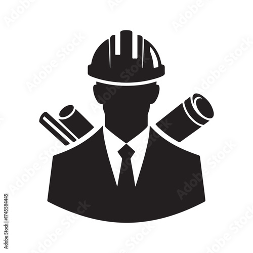 construction foreman with blueprint vector silhouette clip art logo design illustration